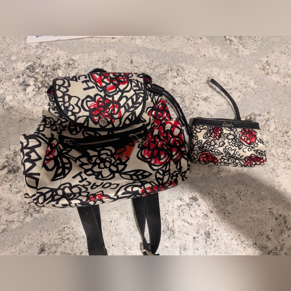 Coach Floral Print Backpack and Pouch - Red and Black